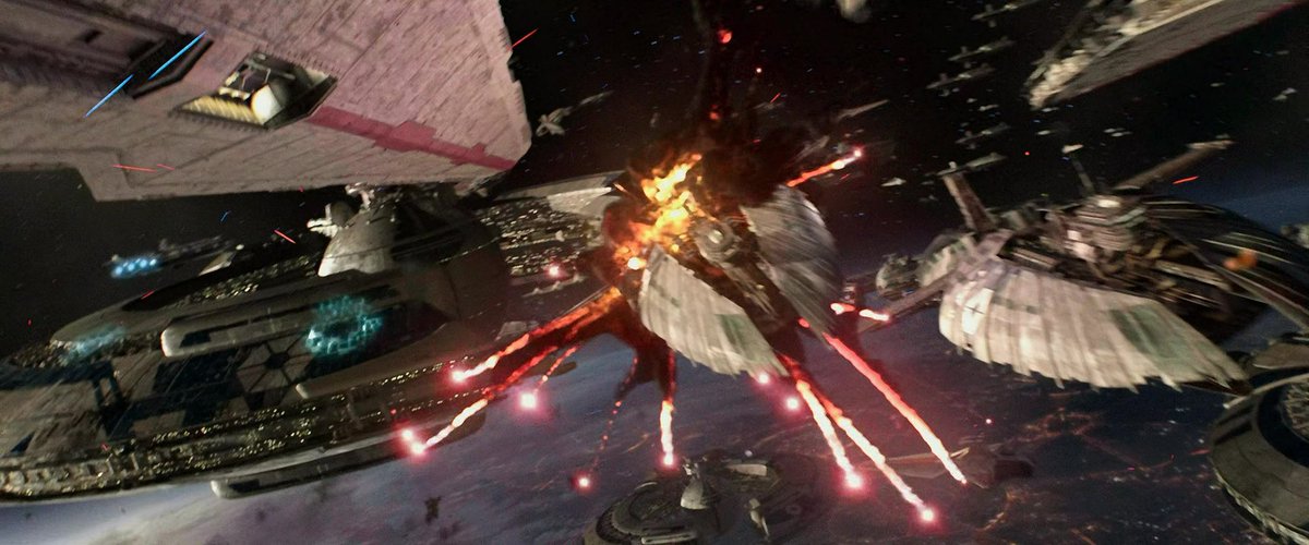 mightydudbolt's tweet photo. I can agree that it's (for the most part) beside the point who's winning, because unlike in Return of the Jedi that isn't the focus of the sequence. The focus is Anakin and Obi-Wan on a mission which requires them to successfully make their way from one end of this chaotic naval engagement to the other. 

That said, Lucas does establish which side is which, extremely efficiently. First, he establishes very obviously in the first shot what the good guy ships look like; they are pointy and painted red. 

Then in the next shot he shows the larger battle, where a bunch of the pointy Republic ships are arrayed against a rounded ship painted blue. Even if you hadn't seen the previous movies where this is a well-known bad guy ship type, you should know now. 

Then we see some more of the pointy Republic ships attacking another ship type, clearly aligned with the other bad guy ships and also with a more rounded hull design. 

Then Anakin clearly points out the main target bad guy ship in the distance, which has a very distinctive silhouette, also has blue markings, and also has a rounded hull shape.