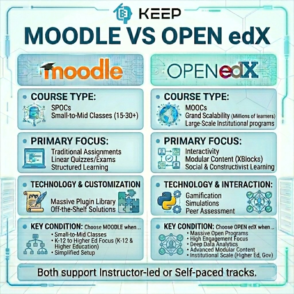 KEEP_HK's tweet photo. Moodle vs. Open edX on KEEPCourse? 🌍🤖

📦 Deploy Moodle if: You manage SPOCs&amp; rely on structured assignments or quizzes.
 🚀 Deploy Open edX if: You need MOOC-level scalability &amp; high interactivity.

Both support instructor-led or self-paced tracks!

🔗 https://t.co/ijlNvj2X0D https://t.co/7nKvnUFLSF