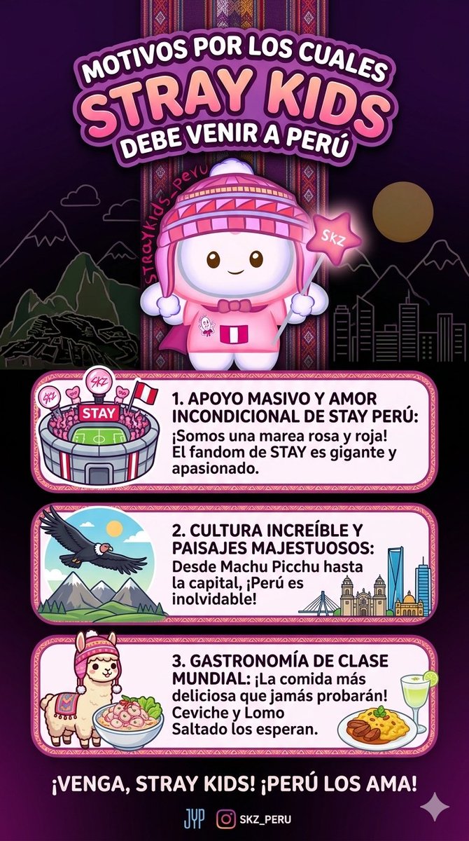 StrayKidsPeru_'s tweet photo. Motivos por los cuales @Stray_Kids
debe volver a Perú 😎🇵🇪

PERÚ Y CHILE ARE YOUR NEXT STAGE
#ChileyPeruxSTRAYCITY
#StrayCityLatamTour https://t.co/vUON3pSfDy