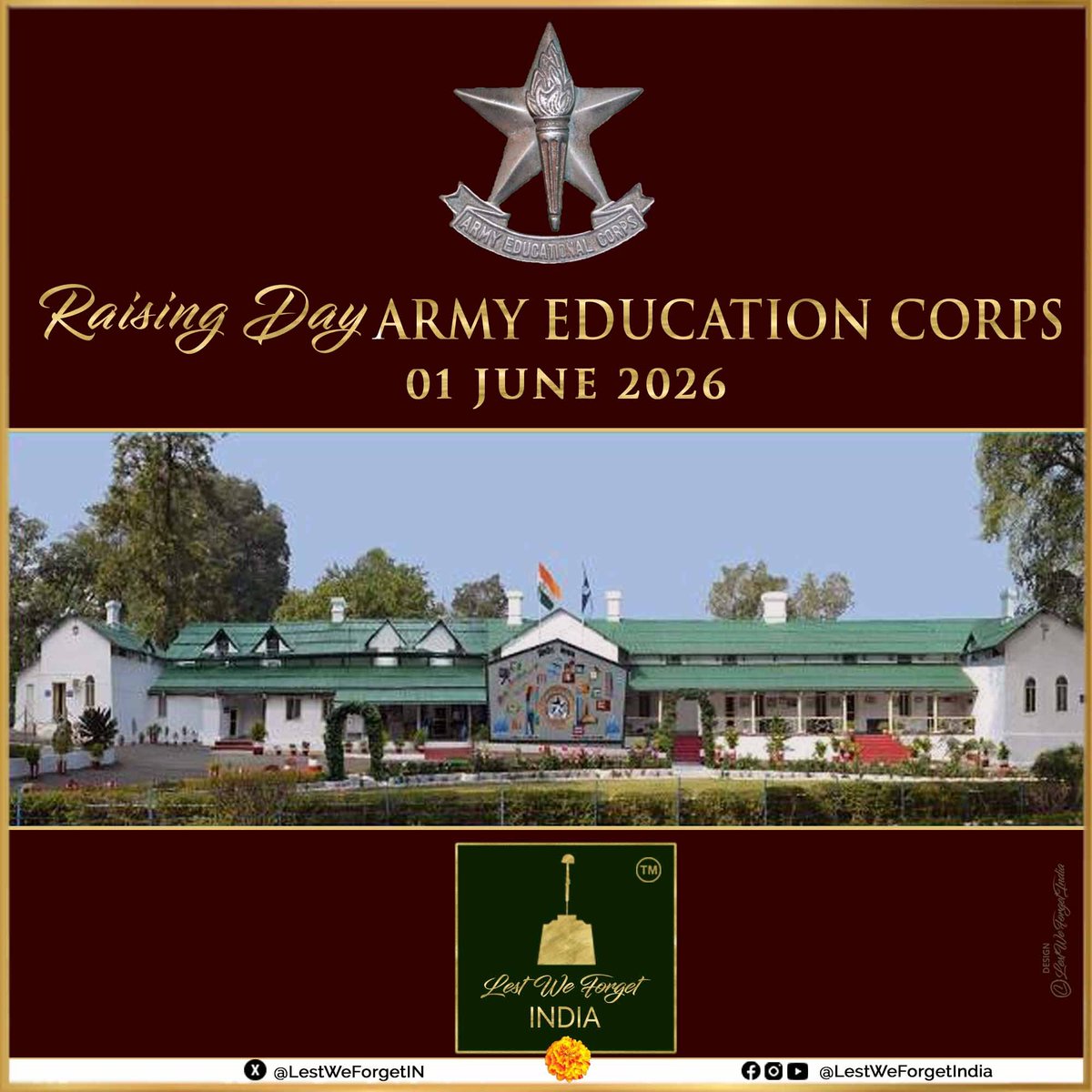 LestWeForgetIN's tweet photo. Greetings to all Ranks, veterans & families of ARMY EDUCATION CORPS on the #RaisingDay of the Corps today - 01 June 2026
#LestWeForgetIndia🇮🇳 the valiant #IndianBraves of the AEC, and their distinguished service in the field of educational training in the #IndianArmy. 🏵 https://t.co/pujqi67QER