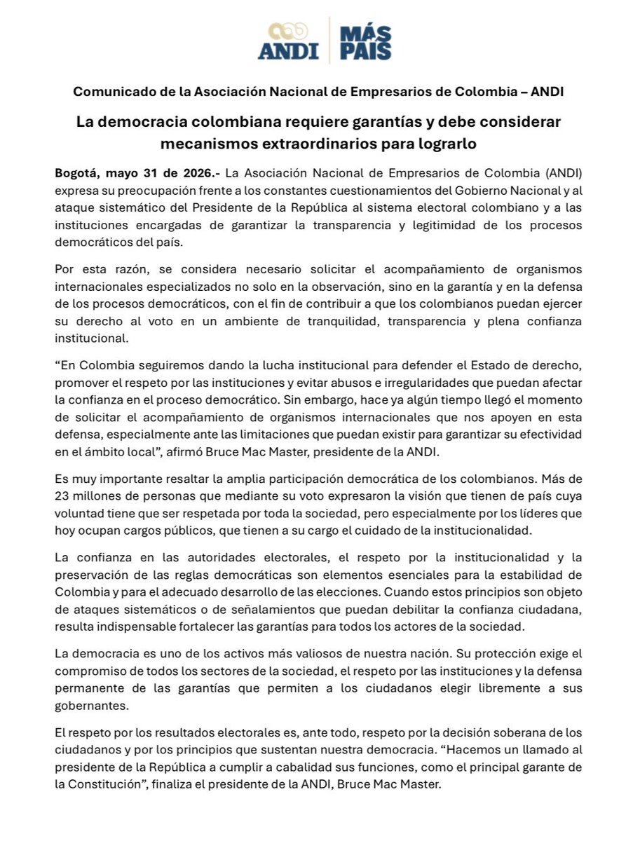 ANDI_Colombia's tweet photo. Comunicado de la Asociación Nacional de Empresarios de Colombia - ANDI: La democracia colombiana requiere garantías y debe considerar mecanismos extraordinarios para lograrlo.
#MásPaísANDI https://t.co/5peSWgHsI5