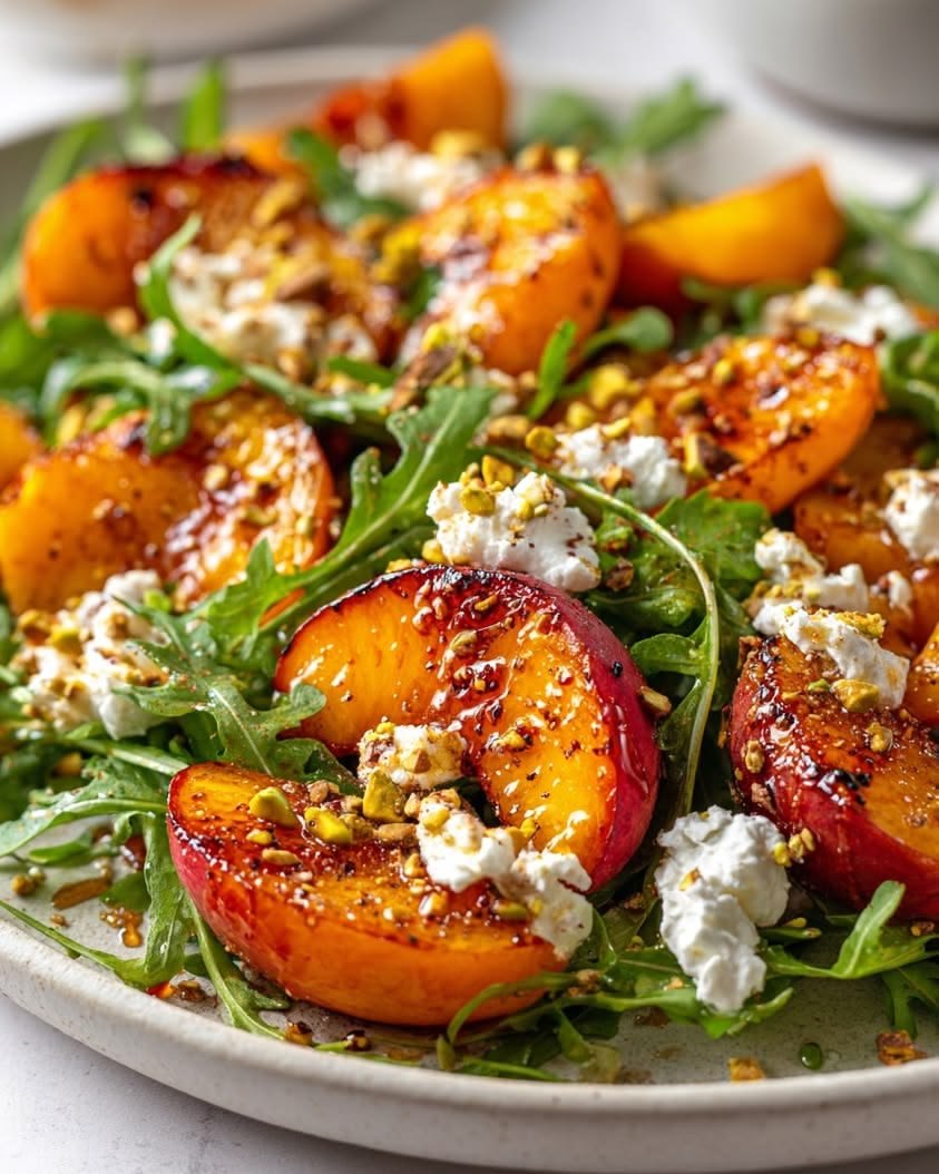 ann_ann886's tweet photo. Roasted Peach & Pistachio Salad with Honey Ricotta

Ingredients
For the Salad
3 ripe peaches, halved and pitted
4 cups arugula
1/3 cup pistachios, chopped
1/3 cup ricotta cheese
1 tablespoon olive oil
Salt and black pepper, to taste
For the Honey Ricotta
1 cup ricotta cheese
1 tablespoon honey
1 teaspoon lemon zest
For the Dressing
2 tablespoons honey or hot honey
1 tablespoon olive oil
1 tablespoon balsamic glaze or lemon juice
Pinch of chili flakes (optional)

Instructions
Preheat oven to 425°F (220°C).
Place peach halves on a baking sheet and drizzle with olive oil.
Roast for 15–18 minutes until softened and lightly caramelized.
In a small bowl, mix ricotta, honey, and lemon zest until creamy.
In another bowl, whisk together honey, olive oil, balsamic glaze, and chili flakes.
Arrange arugula on a serving platter.
Add roasted peaches on top.
Spoon dollops of honey ricotta around the salad.
Sprinkle with chopped pistachios.
Drizzle dressing over everything and season lightly with salt and pepper.