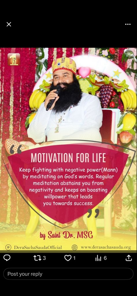 Jaiya_Thakur07's tweet photo. Success begins the moment you stop doubting your potential. Saint Gurmeet Ram Rahim Ji teaches that meditation, positive thinking, and faith awaken the hidden power within. Let this Monday be the start of your next achievement. #MondayMotivation #BoostYourConfidence https://t.co/rTH1b9iatE