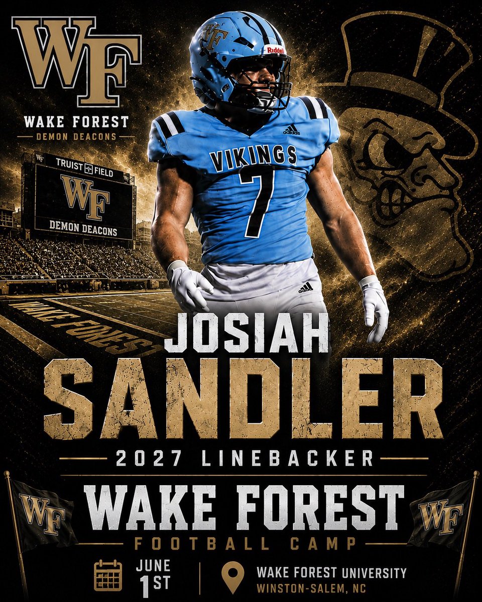 JosiahSandler7's tweet photo. Cant wait to be up in @WakeFB tomorrow to compete and Learn!!

@Rivals @247Sports @On3 @PrepRedzoneNC @ThePilotNews 
@sixstarfootball @Jonathan_Bym @UPHS_Football @CoachBryanTill https://t.co/6LAcaAOJFo