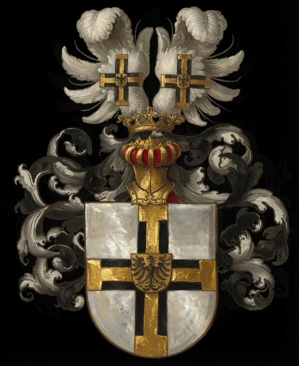TeutonicOrden's tweet photo. Arms of the Grand Master of the Teutonic Order: Argent, on a cross sable a cross potent fleurettée or over all an inescutcheon of the Holy Roman Emperor (single-headed eagle version). https://t.co/1CEIyYoFL1 https://t.co/uiICEElIii