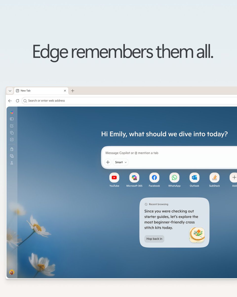 MicrosoftEdge's tweet photo. Browsing tailored to you, not tab chaos. Journeys brings back what you’ve been exploring so you can pick up where you left off, every time. https://t.co/Q28Ma8Us9D