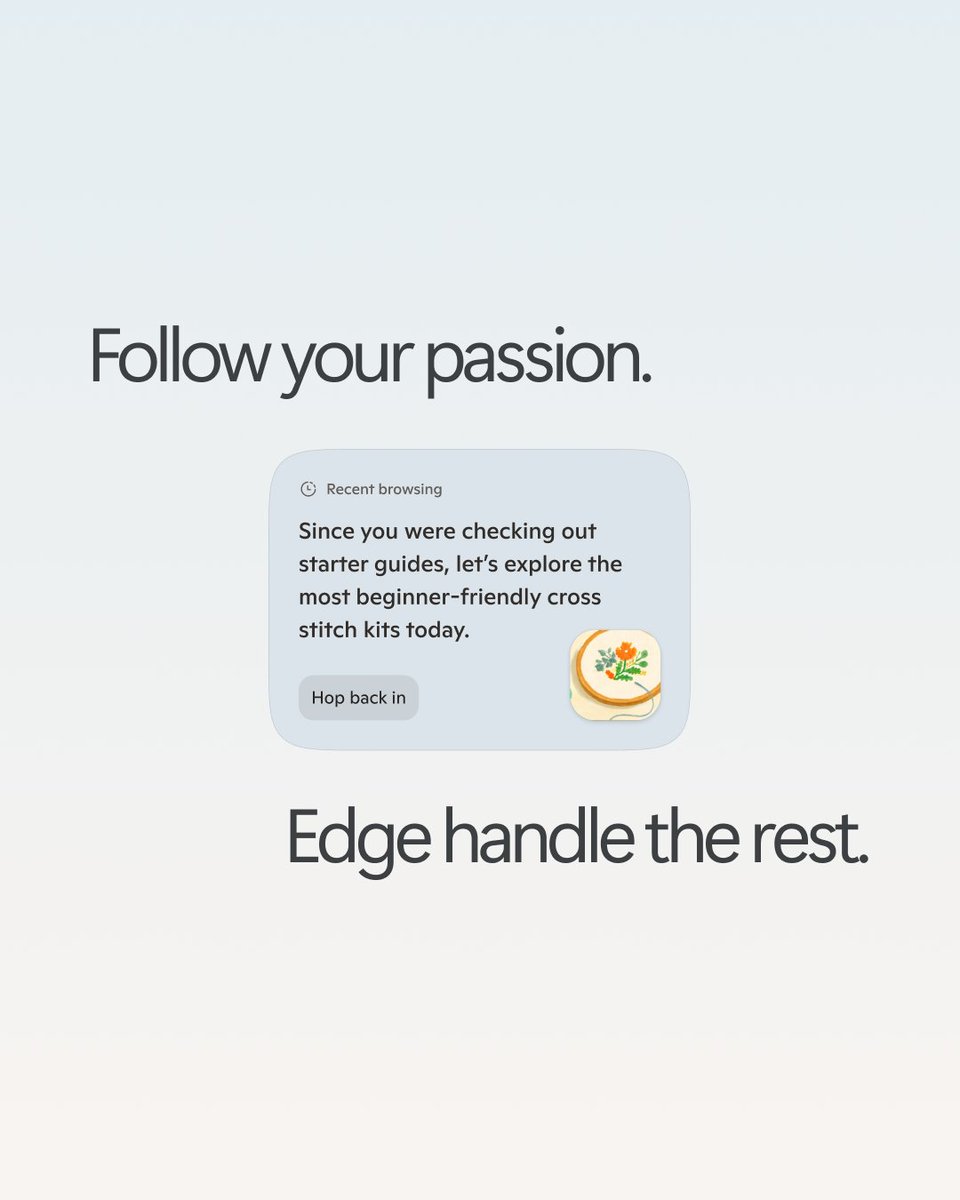 MicrosoftEdge's tweet photo. Browsing tailored to you, not tab chaos. Journeys brings back what you’ve been exploring so you can pick up where you left off, every time. https://t.co/Q28Ma8Us9D