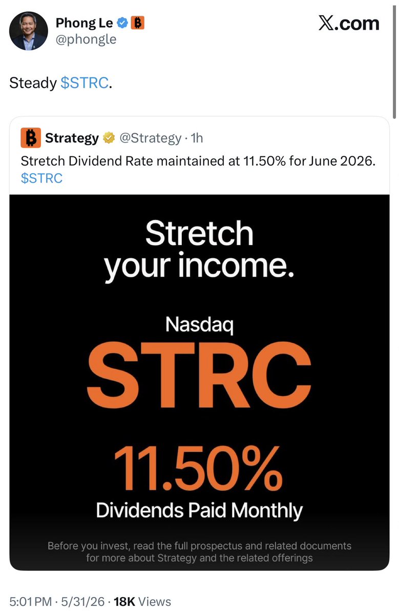 qthomp's tweet photo. “Steady”…not sure the market agrees but let’s see. For the month of June it appears Strategy will be prioritizing MSTR owners over STRC owners. https://t.co/XJJ2yHOIda