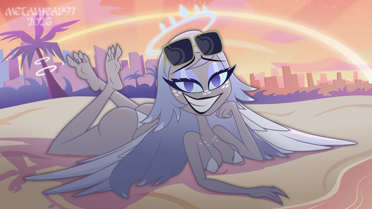 Metalhead972's tweet photo. Emily Hazbin Hotel at the Beach 🏖️🪽 

Help me draw more by supporting me. Full resolution &amp; explicit versions available for supporters. 🙏🏻

AI-Free art 🖌️

2026 Hazbin Hotel &amp; Helluva Boss commissions are open! ✅

Who should I draw next?

#Hazbinhotel #HazbinhotelS2 #Emily https://t.co/rUuQFgGEyk
