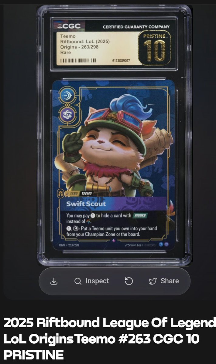 Crypt0G4ming's tweet photo. Got a Pristine Teemo from my Free Riftbound Pack on @phygitals!

I remember how much of a pest this little guy used to be on the rift, Im keeping him so he doesnt go around laying shrooms all over the place.

What should we open next?? https://t.co/f2ra1Ie9Vs