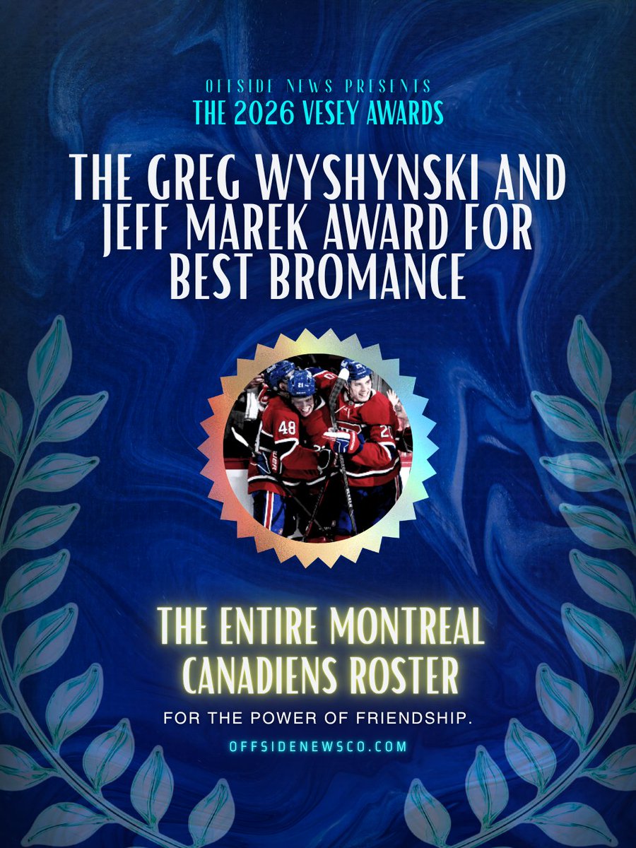 offsidenewsco's tweet photo. If the power of friendship can take you all the way to the Eastern Conference Final (even if your team isn't fully ready for it yet), then that deserves respect. The Montreal Canadiens are the winners of this year's Greg Wyshynski and Jeff Marek Award for Best Bromance. #GoHabsGo https://t.co/8XXh12fngP