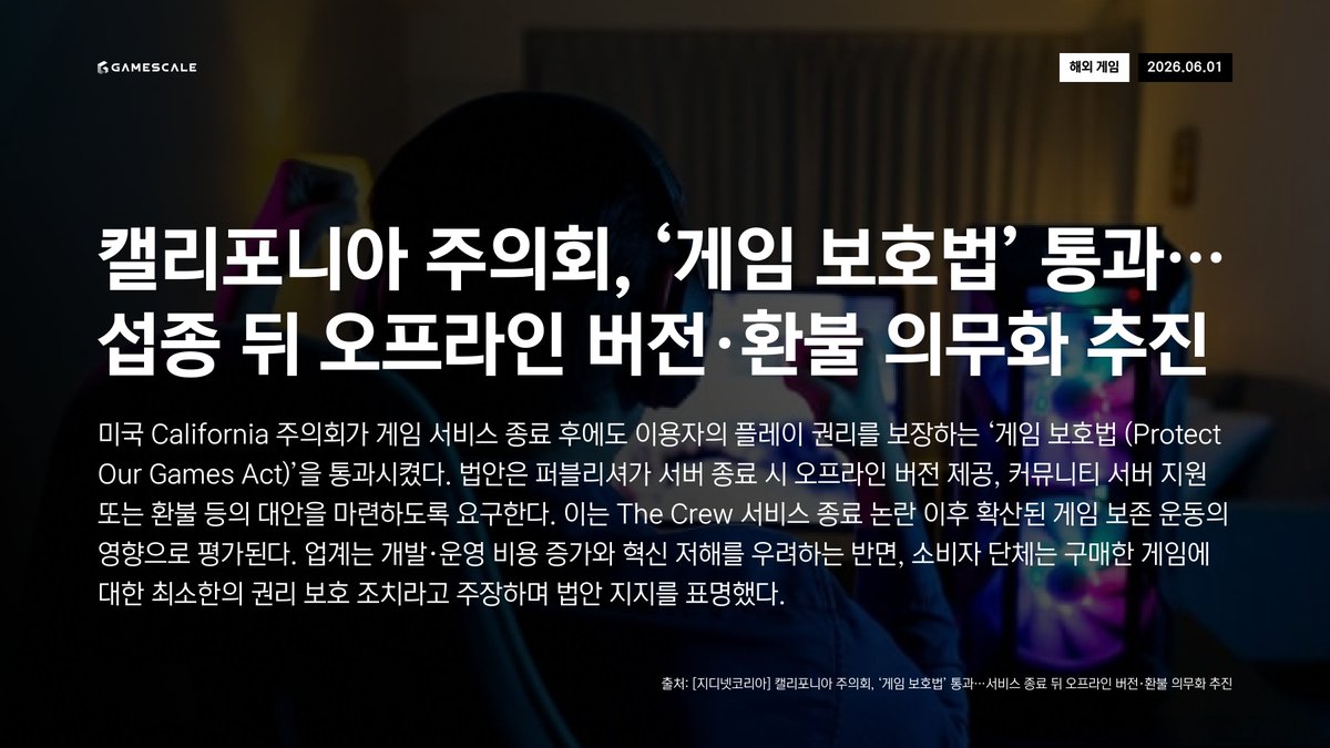 GameScale_'s tweet photo. 6월 1일 (월) 데일리 인사이트 
#게임산업 #허위정보 #NC #ArcRaiders #GOTY #NordicGameAward #아크레이더스 #캘리포니아 #게임보호법통과 https://t.co/FsCMOkQE82