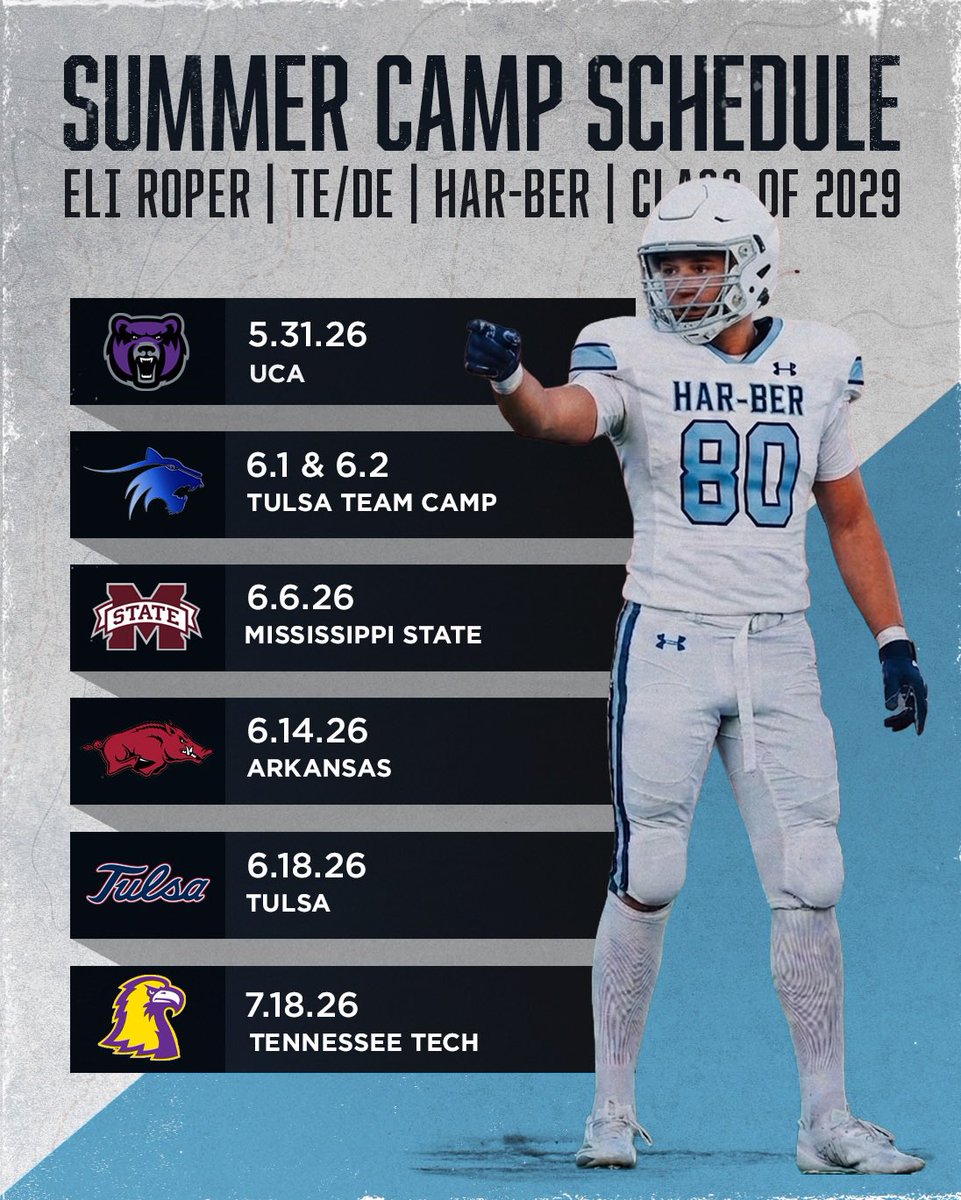 ERoper32's tweet photo. Camp season has started. Here is my 2026 camp schedule! @HB_WildcatFB @CoachDanenhauer @CoachHeaton @coach_calcagni @PrepRedzone @tctabler @coltonedwardsFB @LoganTillman https://t.co/gGwqOuNTs4