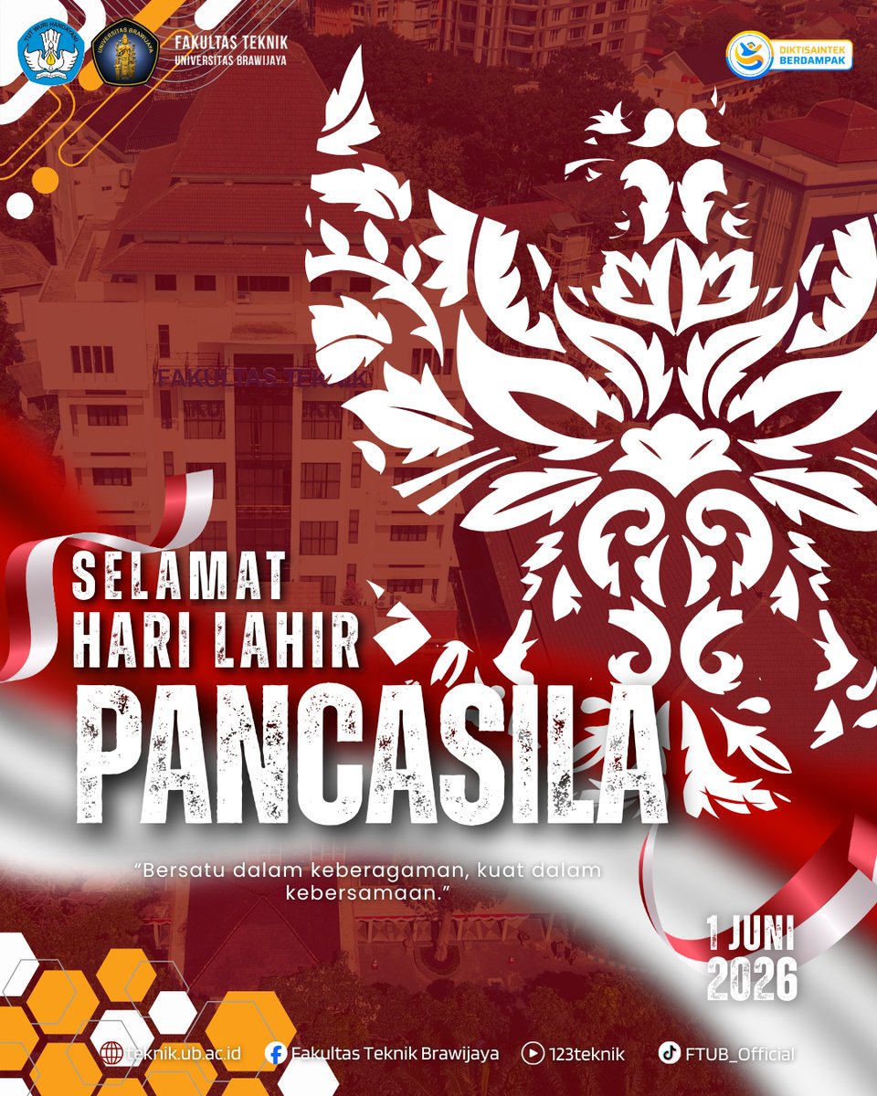 FTUB_INFO's tweet photo. Bersatu dalam keberagaman, kuat dalam kebersamaan. 🇮🇩
Mari terus kobarkan semangat gotong royong &amp; integrasikan nilai" Pancasila dalam setiap karya teknologi demi kemajuan bangsa. Dari Teknik untuk Indonesia!
Selamat Hari Lahir Pancasila, 1 Juni 2026.
#FTUB #FTUB2026 https://t.co/WA5waBbjgz