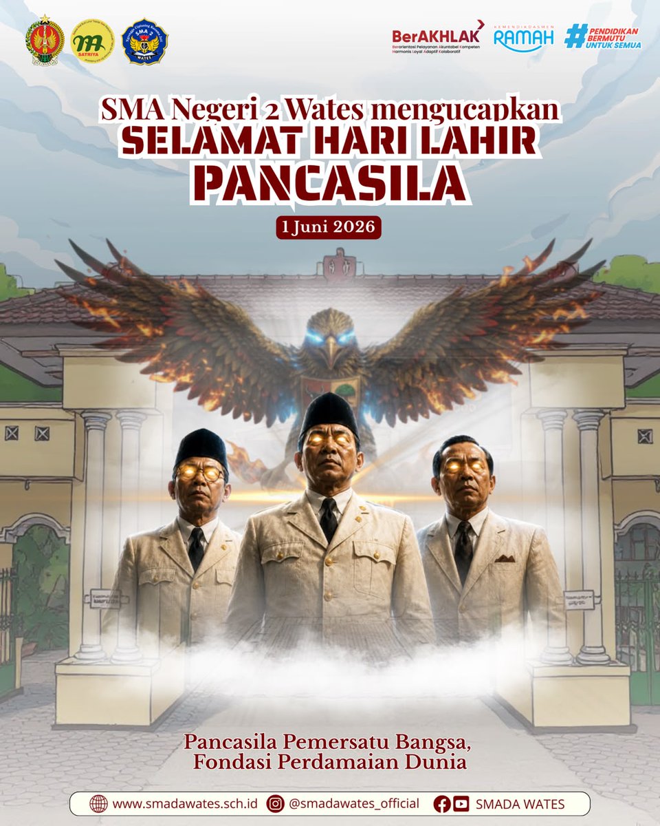 smadawates's tweet photo. 1 JUNI 1945 - 1 JUNI 2026
Hari Lahir Pancasila menjadi momen penting dalam sejarah bangsa Indonesia. Pada sidang BPUPKI tahun 1945, Berbagai pemikiran para tokoh bangsa melahirkan Pancasila sebagai ideologi dan pedoman hidup bangsa Indonesia. https://t.co/zy0hkPdwcX