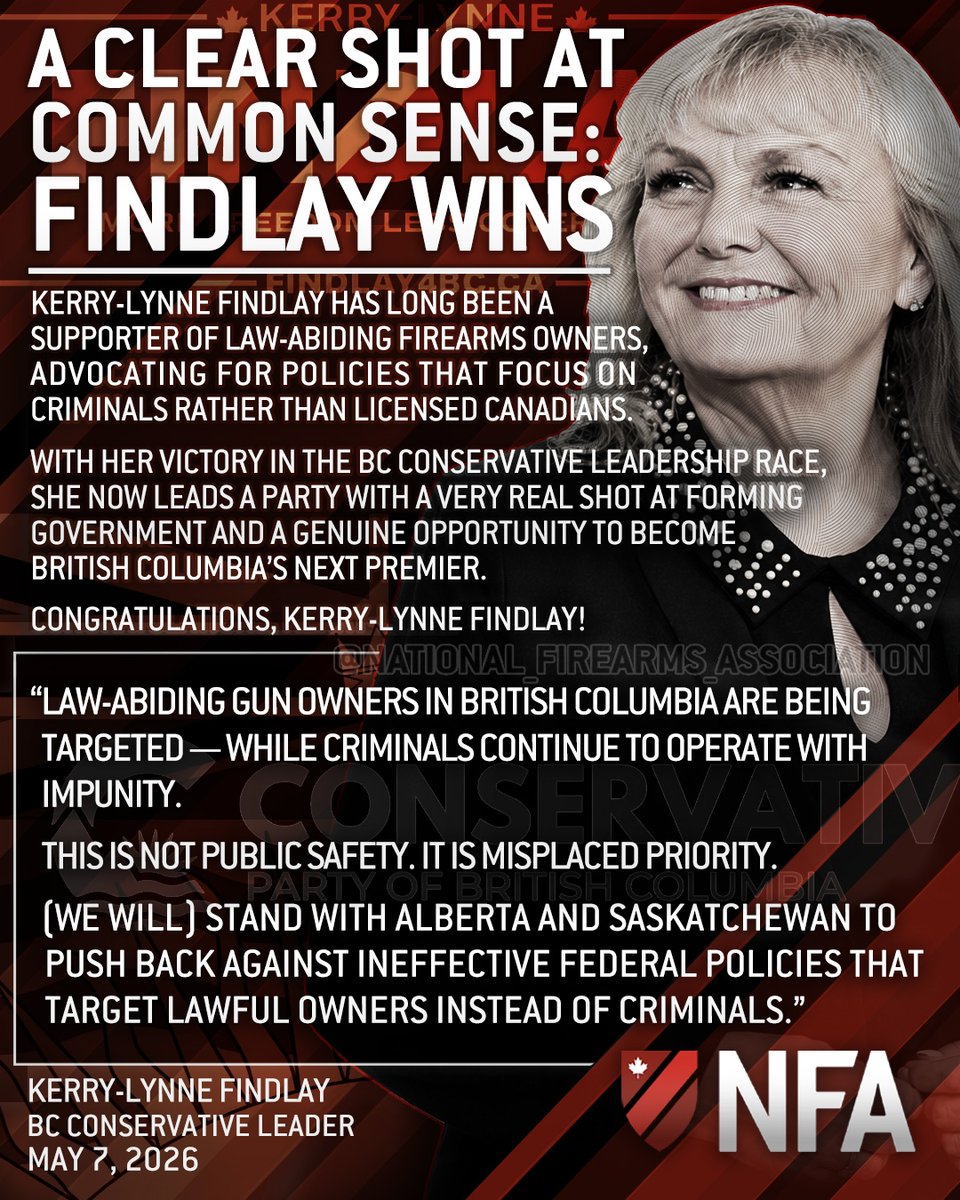 CanadasNFA's tweet photo. This congratulations may be a little later than we would have liked, but it is no less heartfelt. Our team has been tied up with the Conservative Hunting and Angling Caucus in Ottawa, but we are pleased to finally take a moment to recognize an important development in British Columbia.

Congratulations to Kerry-Lynne Findlay ( @KerryLynneFindl ) on her victory in the BC Conservative leadership race. A longtime advocate for common-sense firearms policy and the rights of law-abiding firearms owners, she has consistently championed an approach that focuses on criminals rather than responsible Canadians.

We thank her for her longstanding support of responsible firearms owners, congratulate her on this well-earned victory, and wish her a successful campaign toward the premiership of British Columbia. See less