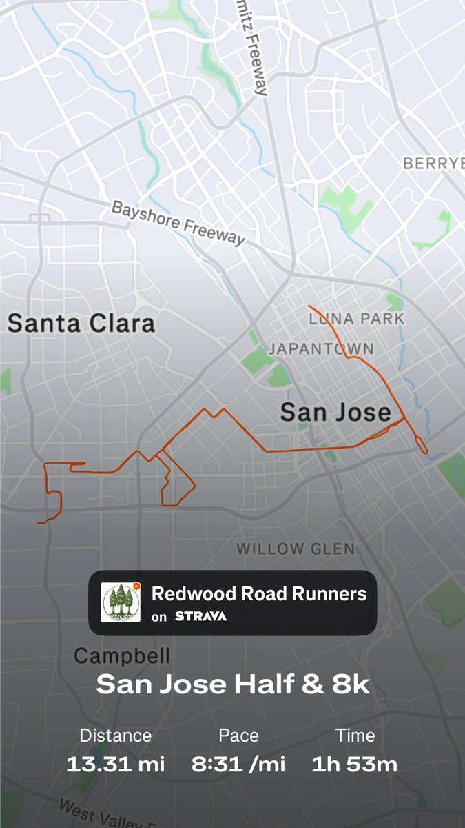 Stoniphantom's tweet photo. Side quest complete: 
Just PR my half marathon time by 23 minutes at 1:53 in the san jose half marathon. A step towards iron man 70.3 https://t.co/RgXWgXDUk2