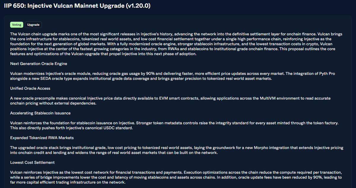 InjectiveNow's tweet photo. A governance proposal is live for a brand new @injective Mainnet Upgrade.

The Vulcan upgrade strengthens Injective’s core infrastructure for onchain finance.

It adds cross-margin support for derivatives, improves oracle access with PythPro, Seda and an Oracle EVM precompile, while also supporting a stronger USDC and stablecoin settlement layer across Injective.

The upgrade also introduces batch liquidations, gas optimizations, better Chainstream liquidation data, stronger tokenfactory validation, and several Peggy bridge fixes.

Overall, Vulcan improves Injective’s derivatives engine, oracle layer, EVM connectivity, USDC rails, and liquidation flowm, making the network more efficient and ready for advanced financial markets.

$INJ