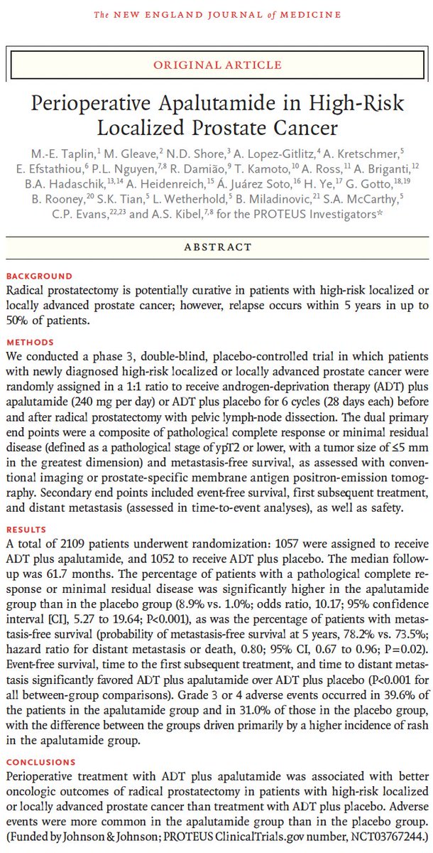 Adam_Weiner535's tweet photo. 🚨 PROTEUS: perioperative apalutamide moves into high-risk localized #prostatecancer

Just out in @NEJM

🧬 2109 men w/ high-risk localized or locally advanced PCa randomized to ADT + apalutamide vs ADT + placebo around radical prostatectomy.

🎯 Both stated primary endpoints met.

⚠️ But the trial deserves nuance. Thread 🧵

#ASCO26 @ASCO @PCF_Science