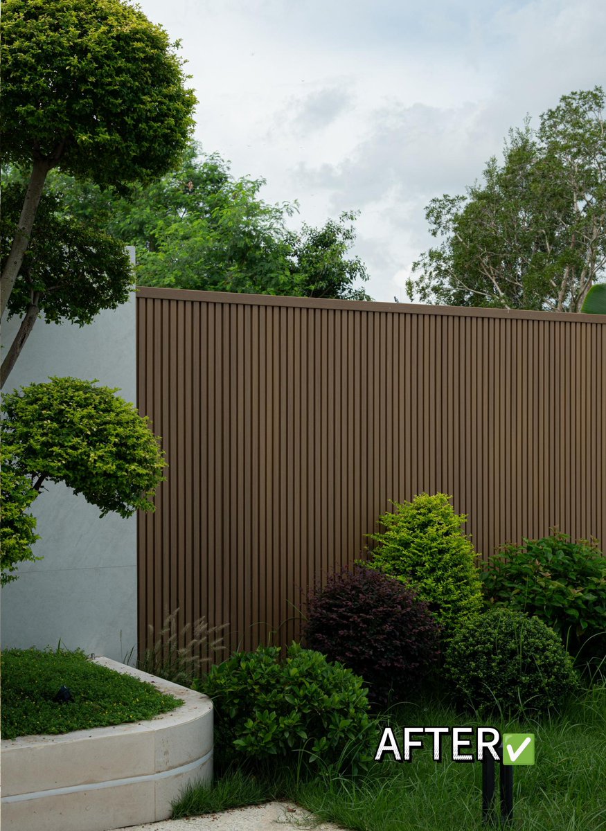 tech_woodn's tweet photo. A plain courtyard wall can become a design feature. TECHWOODN WPC wall panels pair warm wood-grain texture with a 360-degree full-coverage surface treatment for outdoor projects. A simple before-and-after upgrade with clear visual impact.

#WPC #OutdoorCladding https://t.co/WgoiWSt2Mj