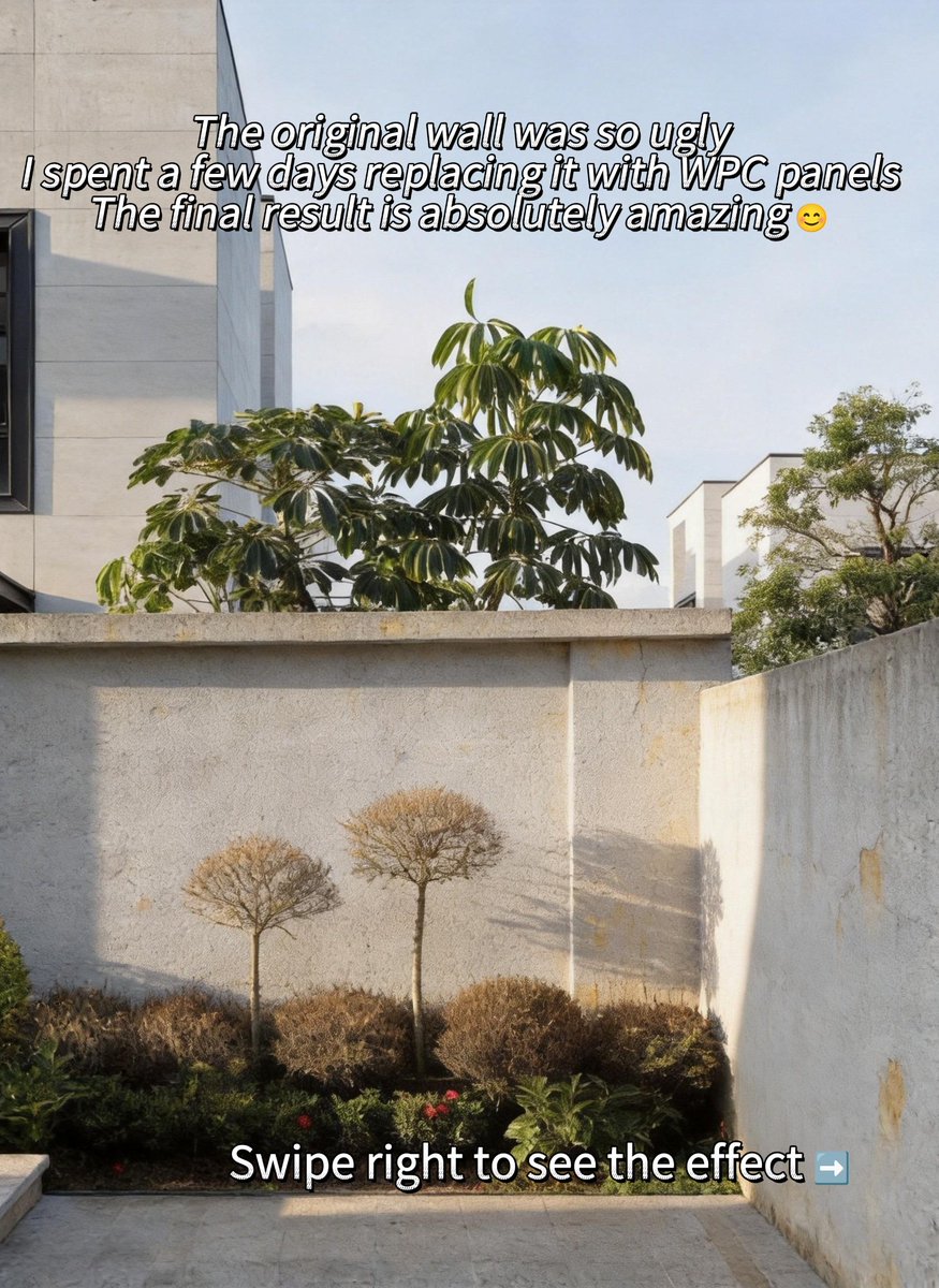 tech_woodn's tweet photo. A plain courtyard wall can become a design feature. TECHWOODN WPC wall panels pair warm wood-grain texture with a 360-degree full-coverage surface treatment for outdoor projects. A simple before-and-after upgrade with clear visual impact.

#WPC #OutdoorCladding https://t.co/WgoiWSt2Mj