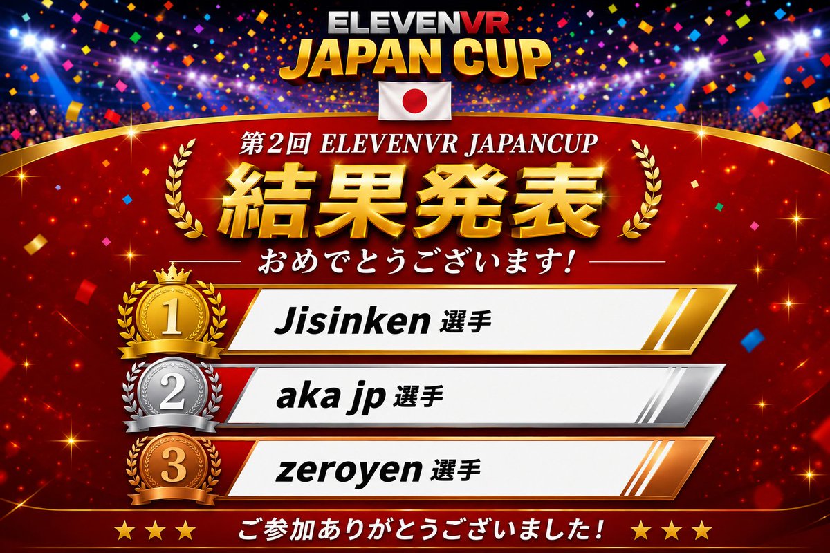 Studio_Meguri's tweet photo. 「第2回 ELEVENVR JAPAN CUP」が無事終了いたしました。
上位入賞された選手の皆様、おめでとうございます！
ご参加いただいた皆様のおかげで、素晴らしい大会となりました。心より感謝申し上げます。

次回大会は7月に開催予定です。次回も皆様のご参加をお待ちしております！
#VR卓球 https://t.co/55QngC5uJ6