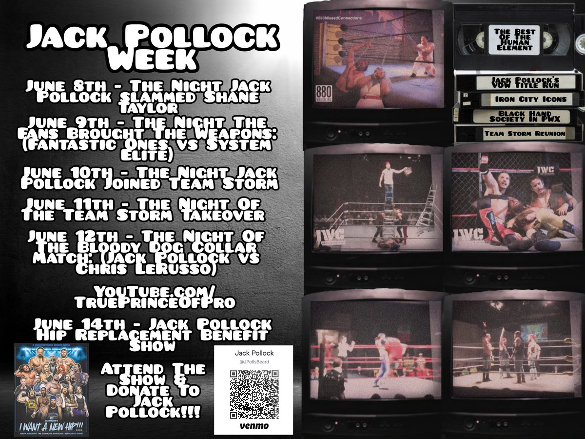 TruePrinceOfPro's tweet photo. Welcome to Jack Pollock Week!

Starting next week on June 8th, I'll be doing a series of videos where I go back &amp; discuss 5 important moments from @JPollsBeard's career leading up to the Benefit Show for his Hip Replacement Surgery on June 14th which you can donate to today! https://t.co/UJHeMeBbWK