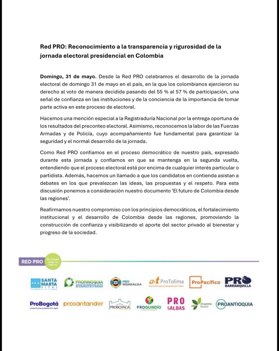 proantioquia1's tweet photo. Como Red PRO confiamos en el proceso democrático de nuestro país, expresado durante esta jornada y confiamos en que se mantenga en la segunda vuelta,entendiendo que el proceso electoral está por encima de cualquier interés particular o partidista. 

Además, hacemos un llamado a que los candidatos en contienda asistan a debates en los que prevalezcan las ideas, las propuestas y el respeto. Para esta discusión ponemos a consideración nuestro documento ‘El futuro de Colombia desde las regiones’.