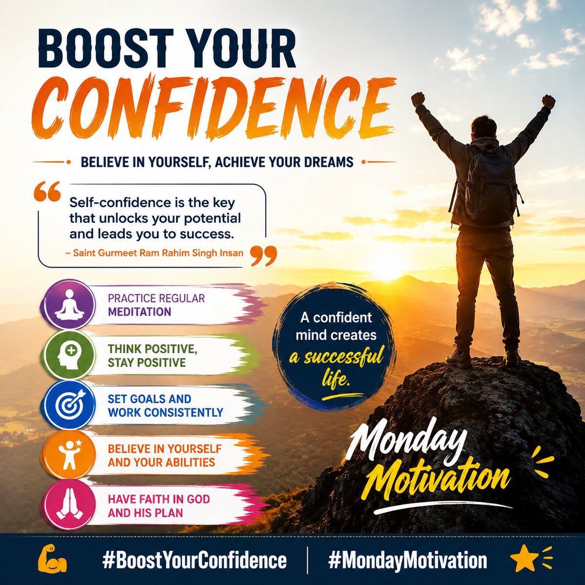 LahoranManjeet's tweet photo. According to the teachings of Saint Gurmeet Ram Rahim Singh Ji, to #BoostYourConfidence through regular meditation, positive thinking nd selfless service. By strengthening your willpower, you can conquer negative thoughts nd face life's challenges with courage.
#MondayMotivation. https://t.co/gPYNA5fcJS