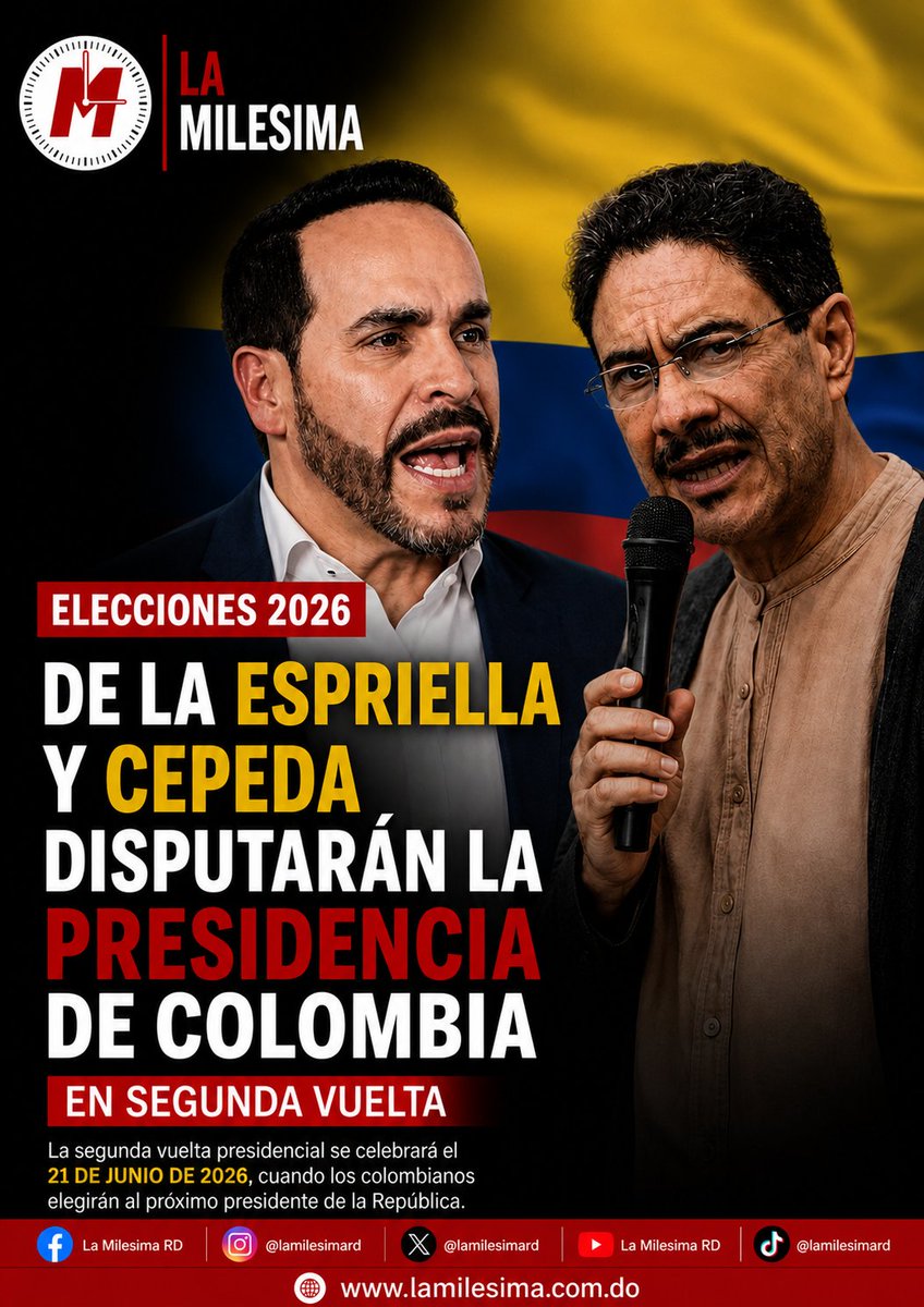 AndyMoralestv's tweet photo. De la Espriella y Cepeda disputarán la Presidencia de Colombia en segunda vuelta

#lamilesima https://t.co/ehMbBEnD0E