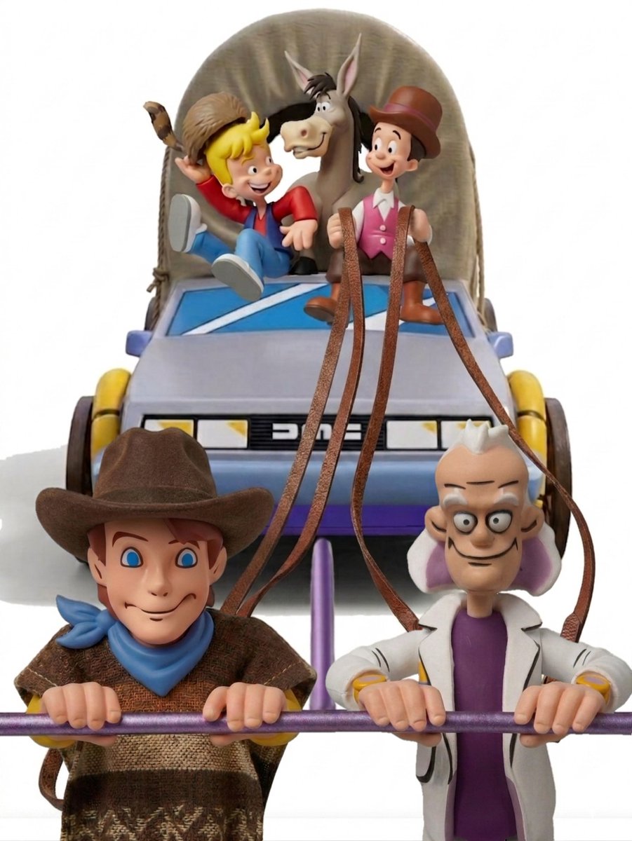 danielf90010682's tweet photo. Back to the Future The Series Clara's Folks Verne, Jules and Marty head back to Wyoming 1850 the DeLorean transforms into a settler's wagon #delorean #backtothefuture #backtothefuturetheanimatedseries #volveralfuturo #deloreantimemachine #neca @NECA_TOYS @BacktotheFuture @bttfHQ https://t.co/8MmjpDBPeG
