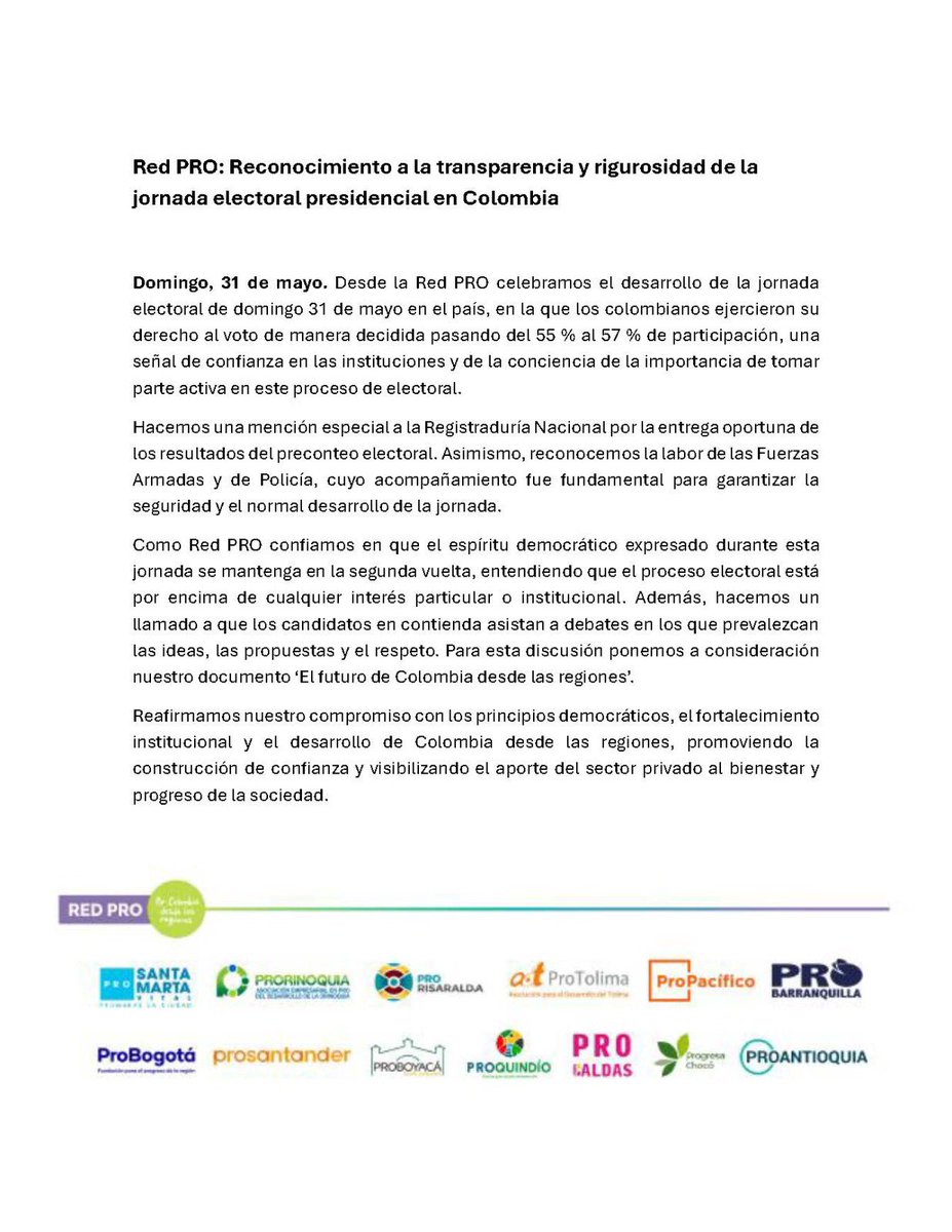 ProPacificoOrg's tweet photo. #Comunicado | Como Red PRO confiamos en el proceso democrático de nuestro país, expresado durante esta jornada y confiamos en que se mantenga en la segunda vuelta, entendiendo que el proceso electoral está por encima de cualquier interés particular o partidista. Además, hacemos un llamado a que los candidatos en contienda asistan a debates en los que prevalezcan las ideas, las propuestas y el respeto. Para esta discusión ponemos a consideración nuestro documento ‘El futuro de Colombia desde las regiones’.