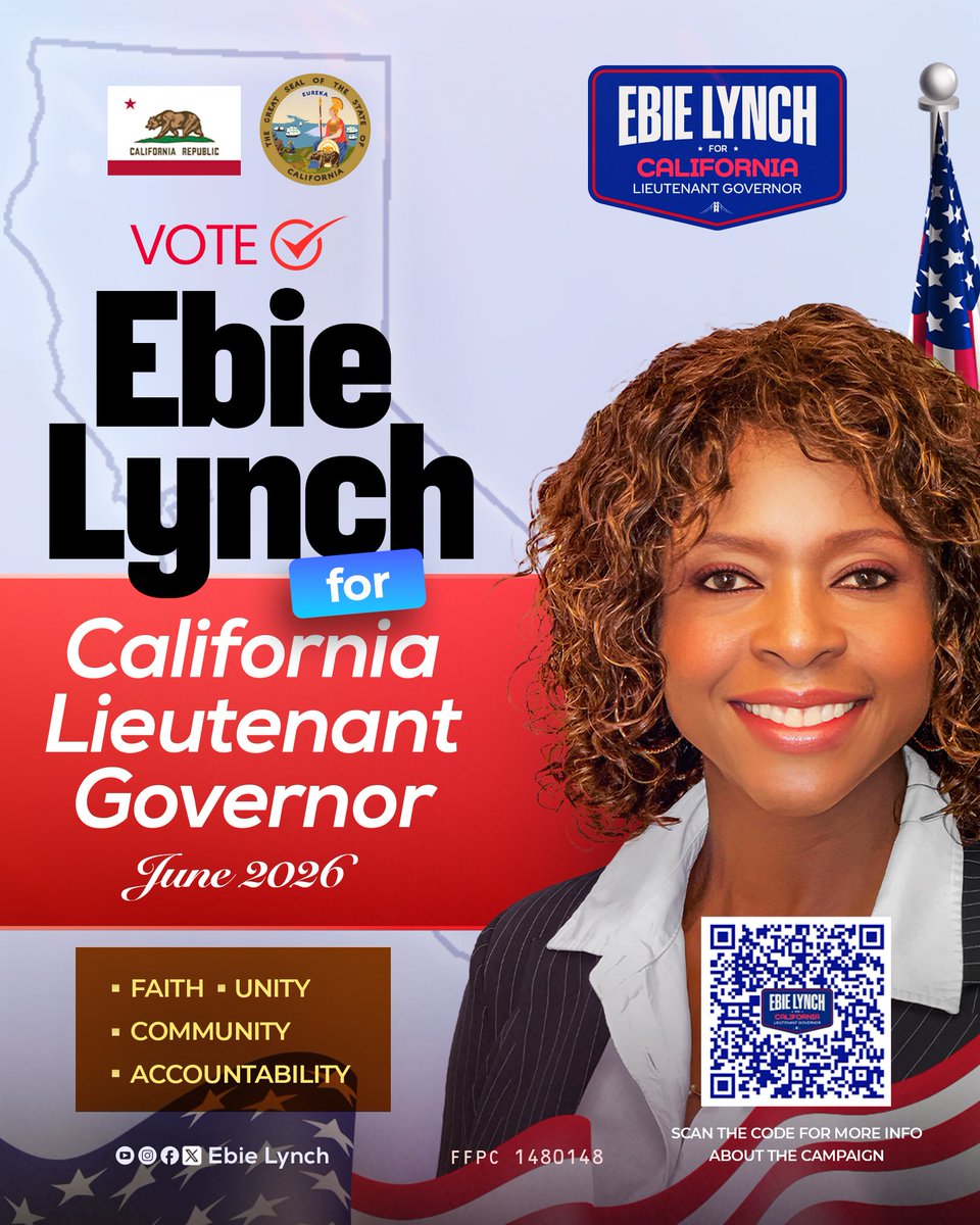 EbieLynch's tweet photo. The best choice for california lieutenant governor.

Californians, you have the power to make the right choice for the future you want.

Choose the future you deserve.
Vote @EbieLynch today! https://t.co/JrNjCkMQNE
