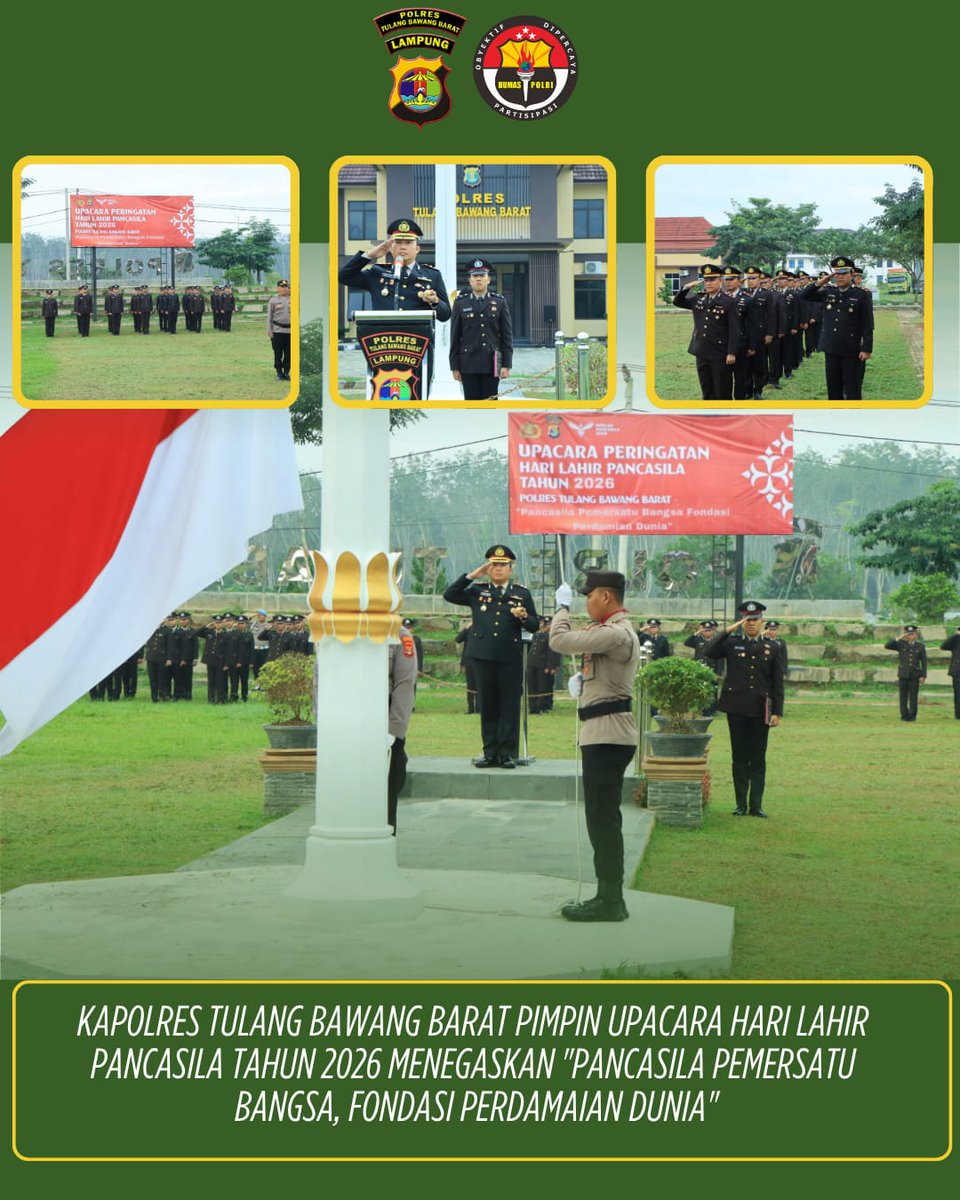 Humasrestubaba's tweet photo. Kapolres Tulang Bawang Barat AKBP Sendi Antoni, S.I.K., M.I.K memimpin Pelaksanaan Upacara Hari Lahir Pancasila Tahun 2026 di Lapangan Apel Mako Polres Tubaba pada Hari Senin, 01 Juni 2026. https://t.co/pLlMCmkcpY