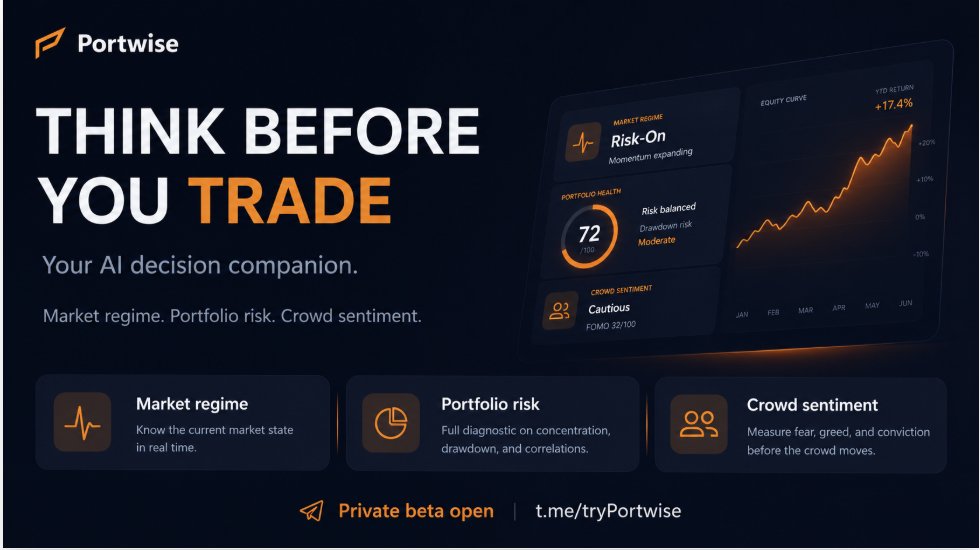 Portwise_AI's tweet photo. Most traders don’t need more noise.

They need a pause button before the next emotional trade.

Portwise is built for that moment.

Before you chase.
Before you panic.
Before you double down because your cost basis hurts.
Ask the agent:
What is the market regime?
Where is my portfolio exposed?
Is the crowd getting too excited?
What risk am I missing?

Not a stock picker.
Not a trading guru.
Not a buy/sell signal.

An AI decision companion between you and the market.
Private beta is open.