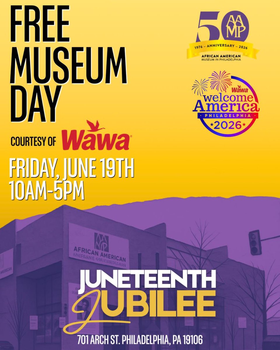 aampmuseum's tweet photo. Thanks to @Wawa, you can view AAMP’s galleries for FREE on June 19. Admission to the museum will be free from 10 a.m. to 5 p.m. on a first-come, first-served basis. Check out the details on our Juneteenth festivities: https://t.co/QHAa76x9Y1 https://t.co/s7gS91Ufti