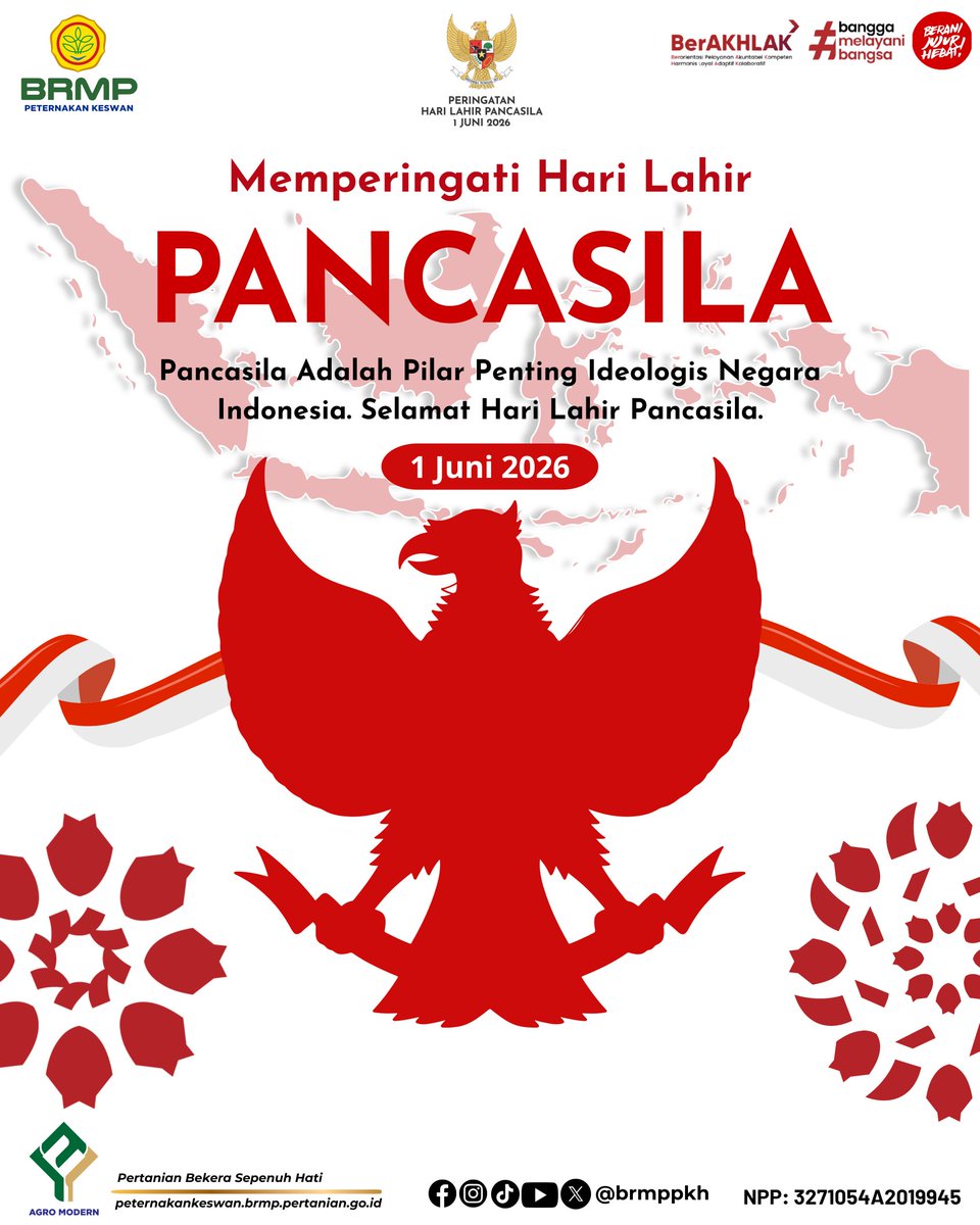 brmppkh's tweet photo. Selamat Hari Lahir Pancasila 1 Juni 2026.

Pancasila adalah pilar penting ideologis Negara Indonesia yang menjadi landasan dalam membangun bangsa, termasuk mewujudkan pertanian yang maju, mandiri, dan berkelanjutan.

#harilahirpancasila2026
#prmpkh
#brmp
#kementerianpertanian https://t.co/qR9lvZPsYZ