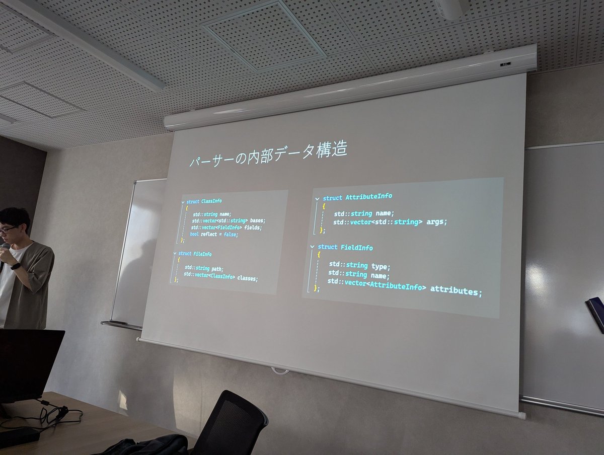 ECCcomp_pg's tweet photo. 今週のハイプロ１人目は３年生のクロダくんで「C++で自作リフレクション」です
これでエンジンやツール開発がはかどります
自作するなんて凄い😳

#ゲーム開発 https://t.co/zJjCcdGHuR