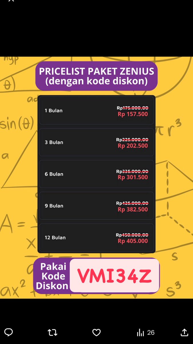 vickyutami2's tweet photo. @1s2helium @OsyenF35819 Langganan Zenius dengan potongan 10% pakai kode promo VMI34Z

1 BULAN Rp157.500
3 BULAN Rp202.500
6 BULAN Rp301.500
9 BULAN Rp382.500
12 BULAN Rp405.000

📍Link pembelian : https://t.co/HwptyLxA6A

Login akun -> Pilih paket -> Pilih pembayaran via apa -> masukan kode promo VMI34Z https://t.co/MipsWXqoMq