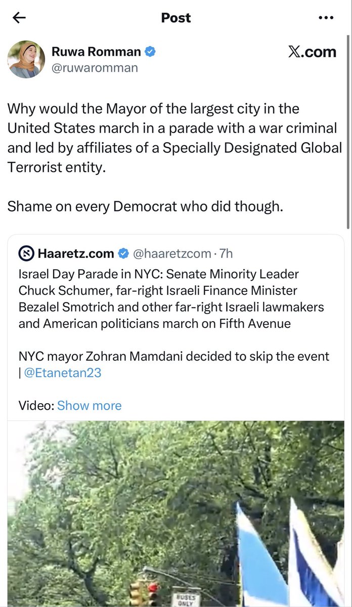 NYCGreenfield's tweet photo. FACT: Not a single Dem official marched with Smotrich who was in back. 

FACT: Thousands marched in this parade and Smotrich CRASHED at the last minute.

FACT: Zohran decided to boycott the Israel parade over a year ago.

Please stop making stuff up to fit your BS narrative. Thx! https://t.co/mrGGzoB5C2
