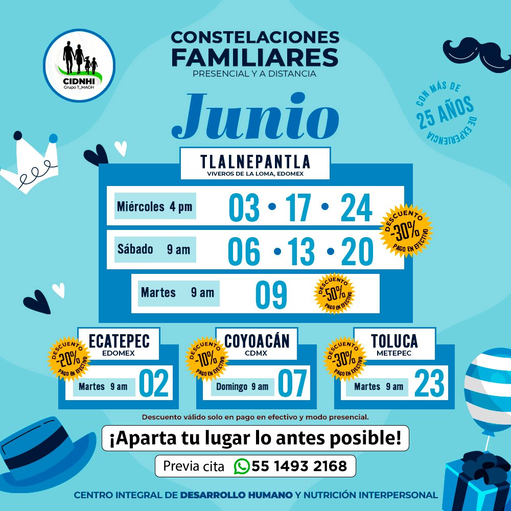 cidnhi's tweet photo. Próximas fechas de Junio de Constelaciones Familiares, aparta tu lugar con tiempo y no te quedes fuera!
#tallerconstelacionesfamiliares #constelacionesfamiliarespresenciales #constelacionesfamiliaresonline #cursosdiplomados https://t.co/BlUJV8QVme