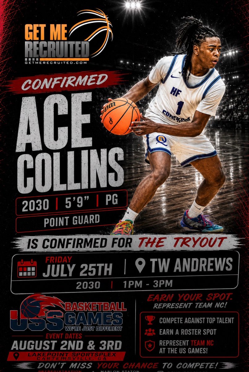getmerecruited's tweet photo. Ace Collins will be in the building to earn his spot on Team NC's roster July 25th at T.W. Andrews HS in High Point, NC!!!
#GMRHoops #GetMeRecruited https://t.co/uMsy38EDk9