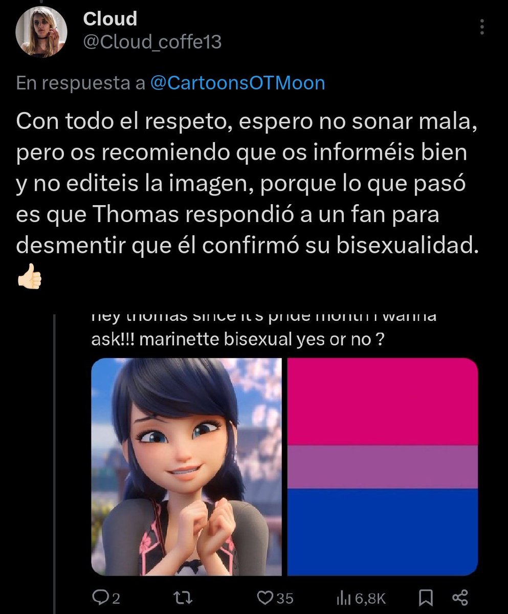 Cloud_coffe13's tweet photo. @CartoonsOTMoon Agradezco la aclaración, cuando lo quise hacer yo, me llegaron respuestas de odio y me tachaban de que yo defendía que Marinette es bisexual cuando solo quería explicarlo y ya, pido por favor que pensemos en que la vida no es solo color blanco y negro, se os quiere Moon. <3 https://t.co/dkNEdSLiPi