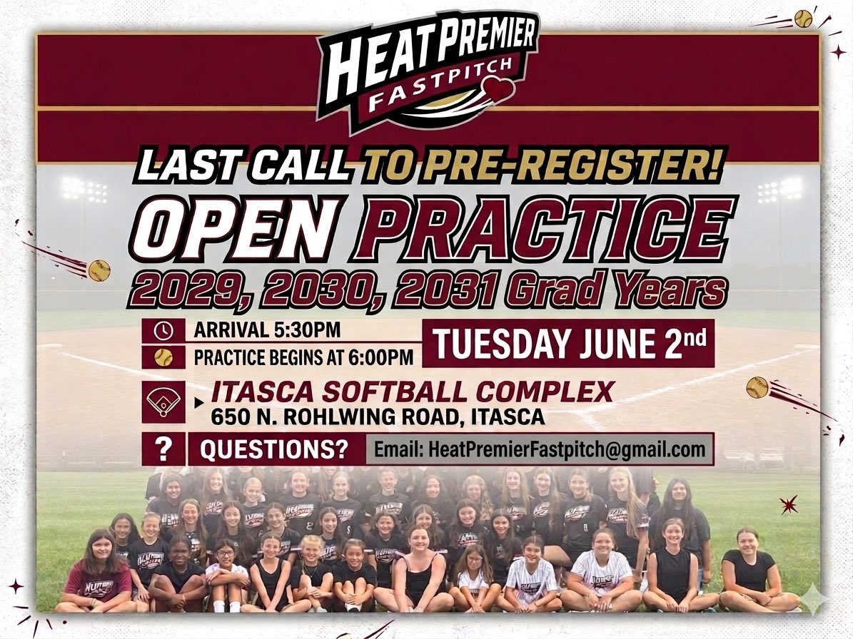 HeatPremier_IL's tweet photo. Last chance to pre-register for the 6/2 open practice! This date is limited to 2029, 2030 &amp; 2031 grad years with 3 different coaching staffs there to meet you and your athletes! 🔥

https://t.co/zytcgSGvtD? https://t.co/rywASZimIY