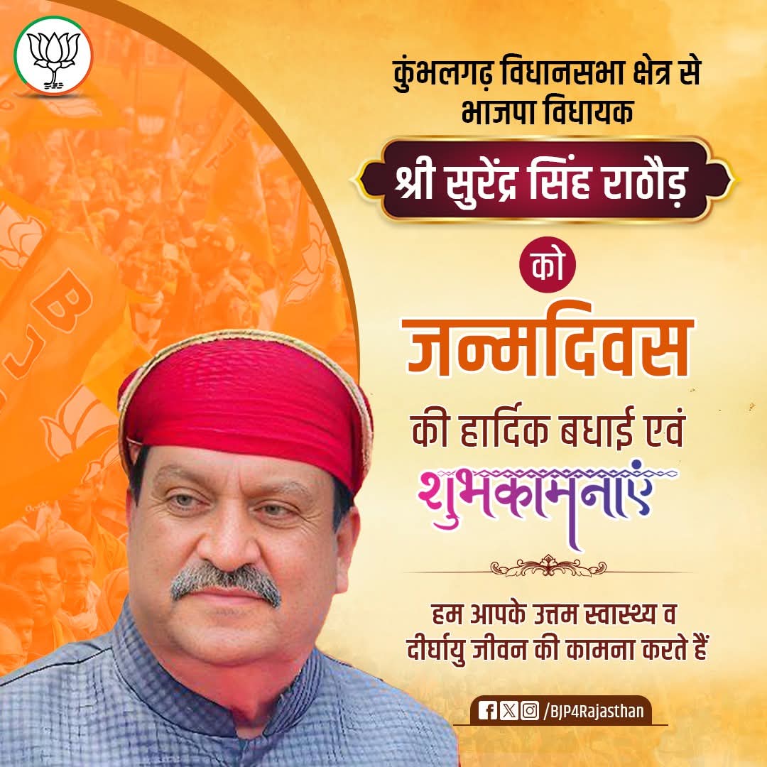 PramodDelu's tweet photo. कुंभलगढ़ विधानसभा क्षेत्र से विधायक श्री सुरेंद्र सिंह राठौड़ जी को जन्मदिन की हार्दिक बधाई एवं शुभकामनाएं!

नीलकंठ महादेव से आपके उत्तम स्वास्थ्य एवं दीर्घायु जीवन की कामना करता हूं।

@SSRathoreMLA @BhajanlalBjp https://t.co/vO2PGSpJjE