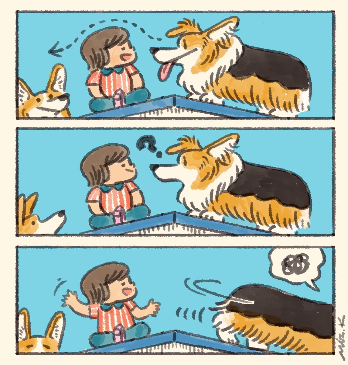 コーギーのオフ会にて、ドッグランにある犬用アジリティスロープをのぼり、反対側からのぼってきたコーギーとじゃれ合うも道を空けずに居座る次女。