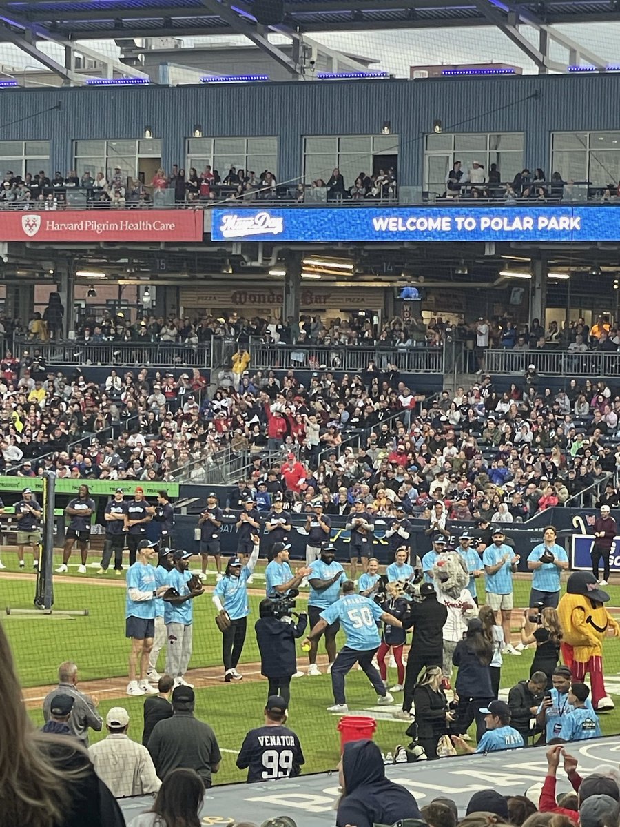 rdavis84's tweet photo. Great night in Worcester at Drake Maye charity softball game, just glad no injuries!

Gonzo in the house!

First play of game Doubs almost gets impaled by right field fence pole.

Spillane has awkward slide into third base.

Rhamondre gets tackled making play at second base. 

Edelman there but doesn’t play?