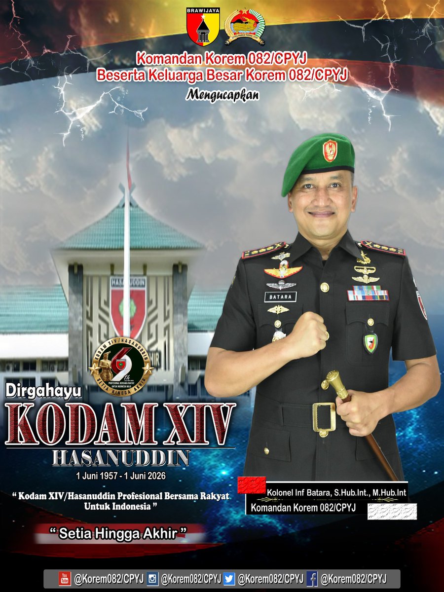 082Cpyj's tweet photo. Dirgahayu ke KODAM XIV/HASANUDDIN
1 Juni 2026 https://t.co/Gbmlqa7DgP