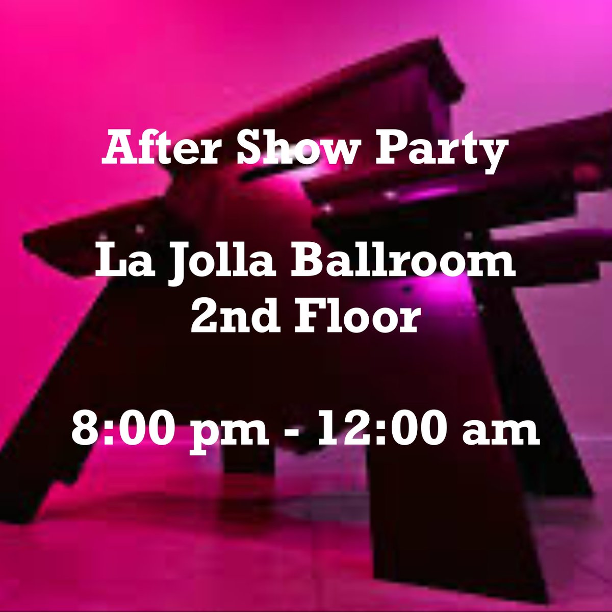 DomConLA's tweet photo. After Show Party

La Jolla Ballroom
2nd Floor

8:00 pm - 12:00 am https://t.co/0Wzv4zcJfF