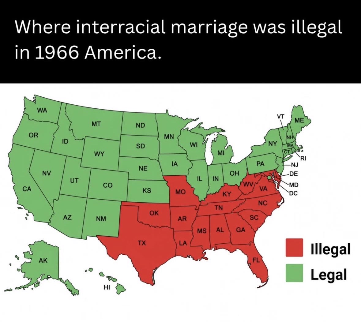 michaeleaves's tweet photo. 60 years ago, interracial marriage was still illegal in 16 states, with just about all of them in the South. 

60 YEARS AGO!!! https://t.co/dUH0uLxnJw